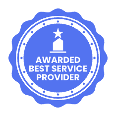 A blue and white badge that says awarded best service provider.