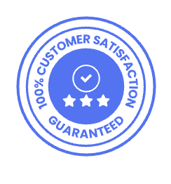A blue customer satisfaction guaranteed stamp with three stars and a check mark.