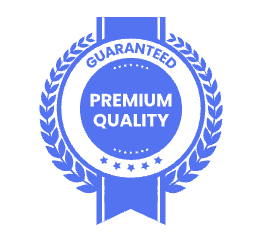 A blue badge that says guaranteed premium quality