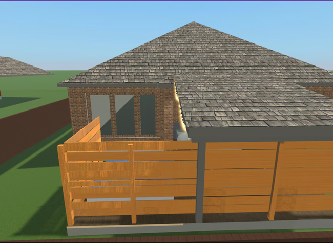 A 3d model of a house with a wooden fence