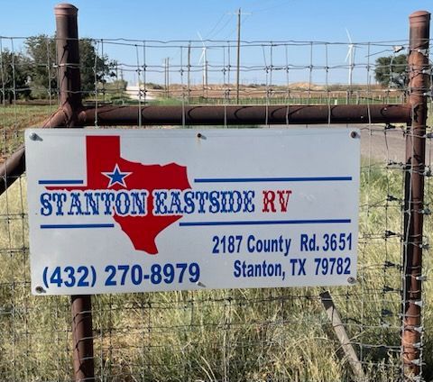 Sign for Stanton Eastside RV, in Stanton, Texas. Includes address, phone number, and a Texas outline logo.