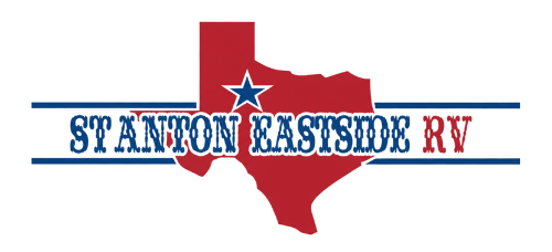 Logo with Texas outline in red, white star, blue lines, text 