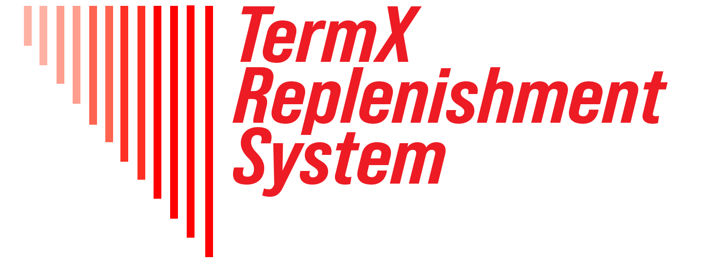 A red and white logo for termx replenishment system
