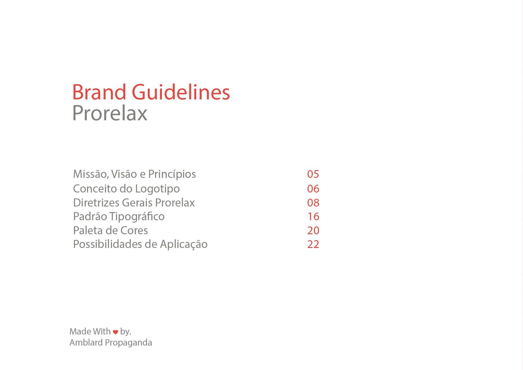 Documento de diretrizes da marca Prorelax, com um índice em vermelho.