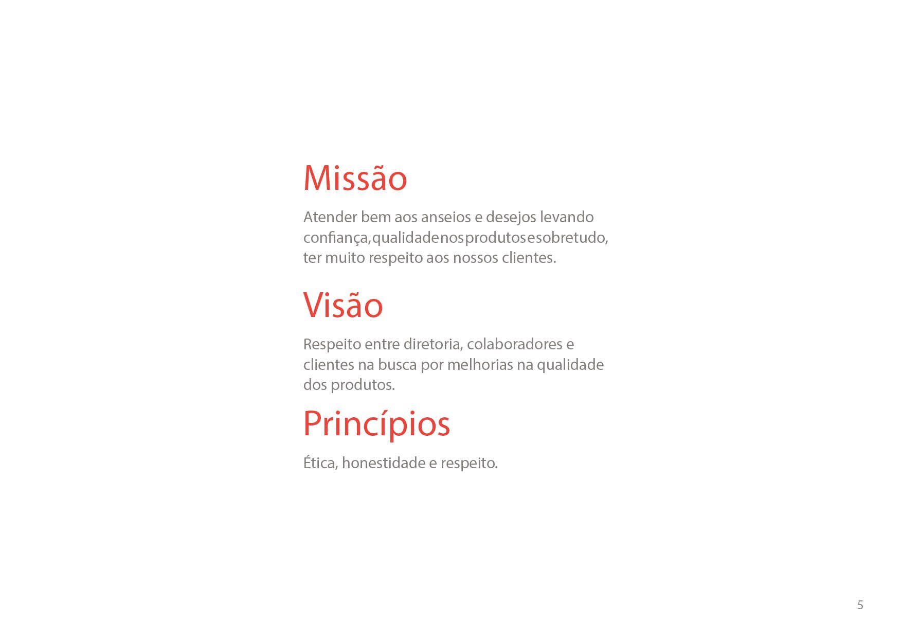 Slide com a missão, visão e princípios da empresa escritos em texto vermelho sobre fundo branco.