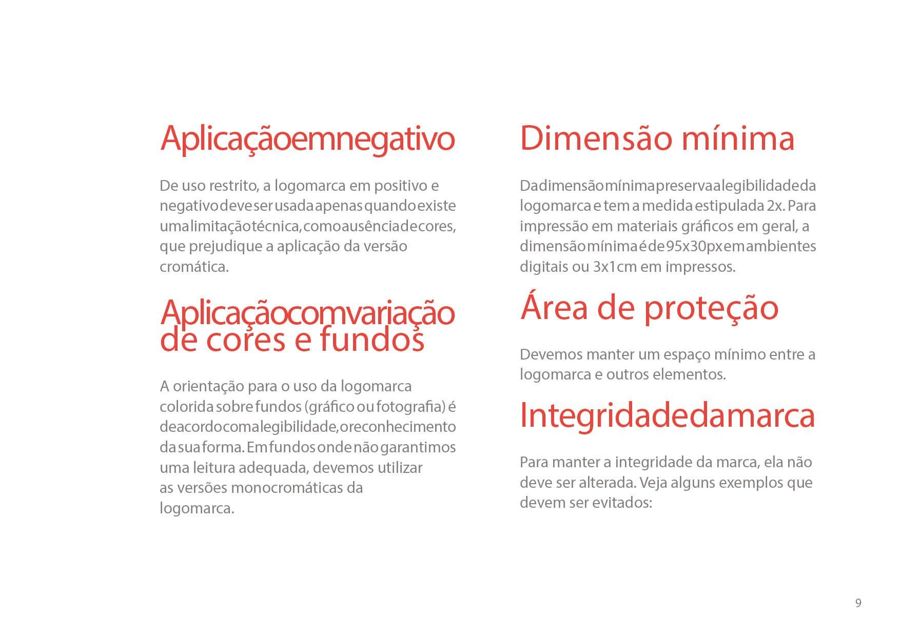 Texto em fundo branco, detalhando as aplicações do logotipo: