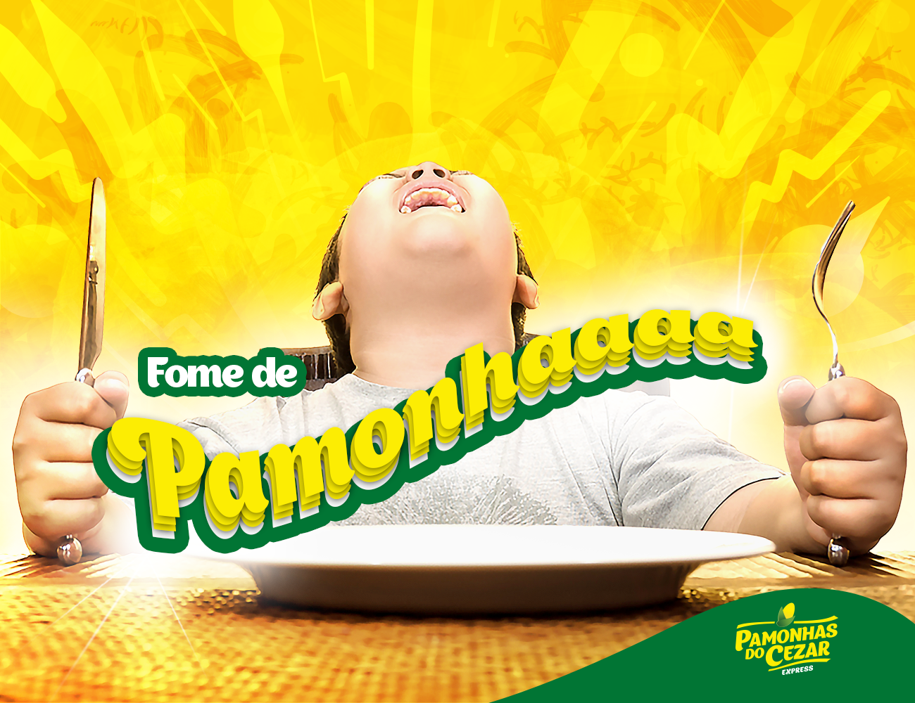 Uma pessoa com a boca aberta, segurando garfo e faca sobre um prato, com o texto