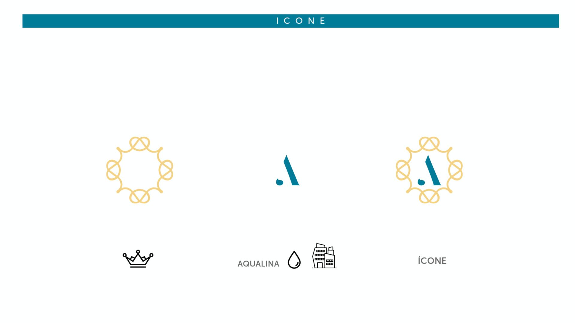 Três variações do logotipo em azul-petróleo e dourado: uma moldura ornamentada, um