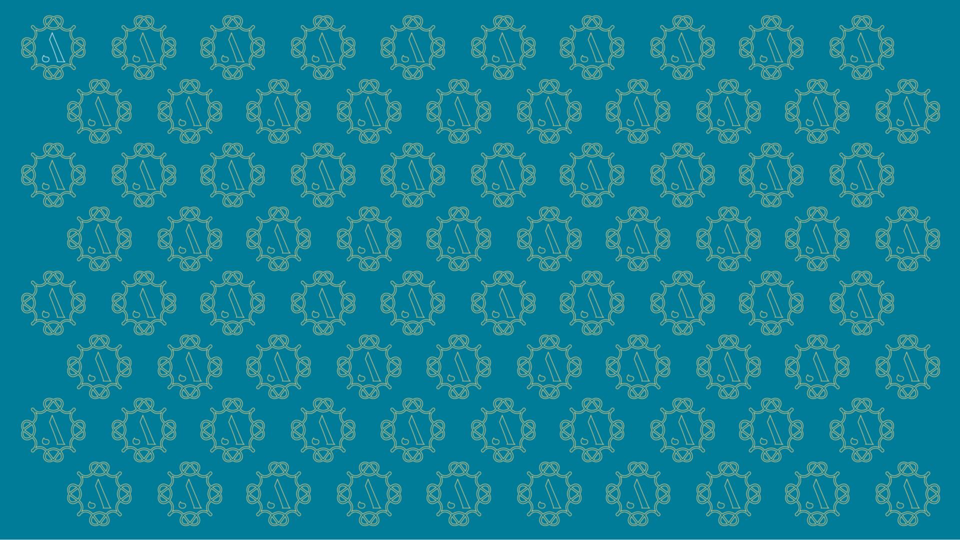 Fundo azul-petróleo com um padrão repetido de motivos florais dourados.