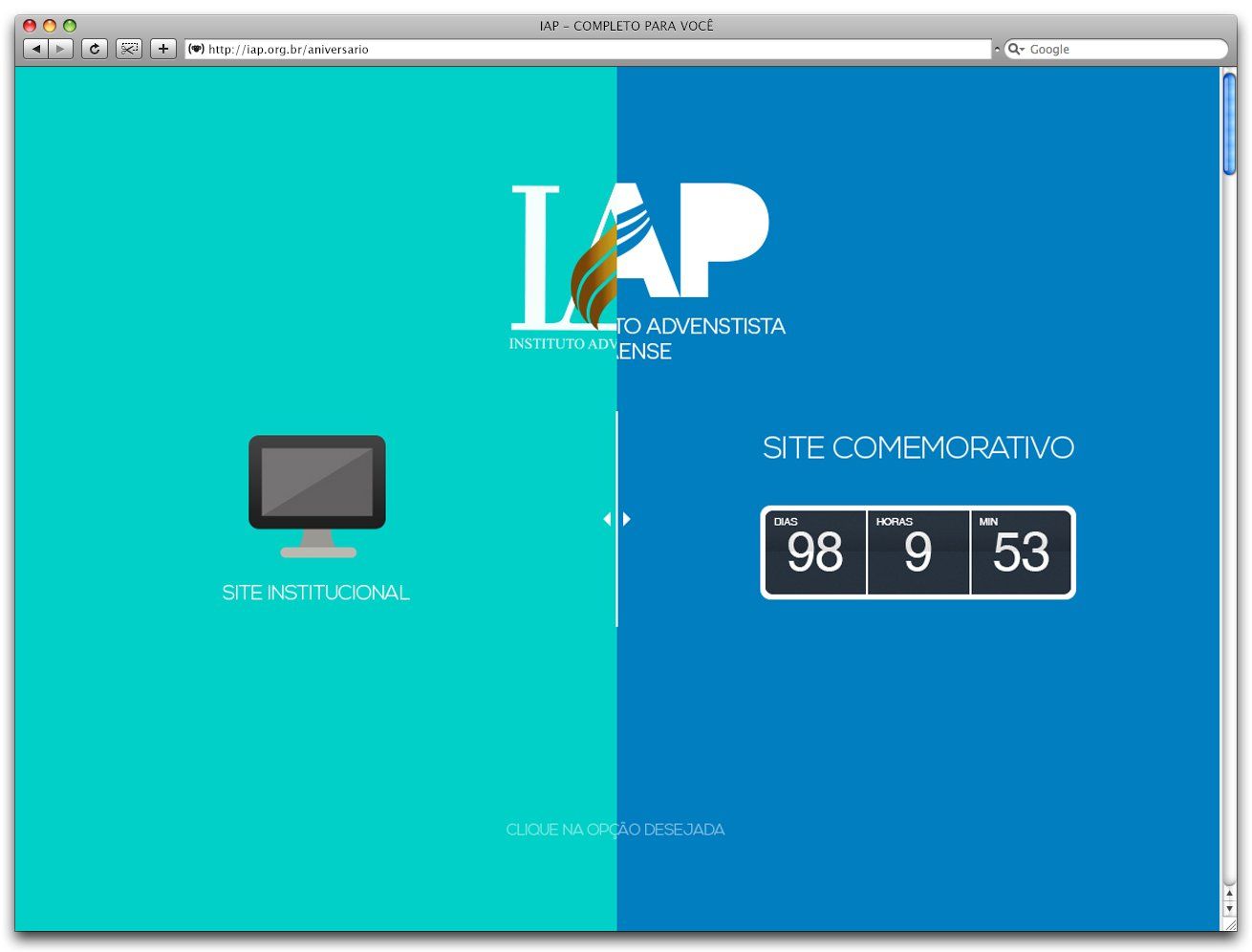 Página da web em tela dividida: turquesa à esquerda com um ícone de computador, azul à direita com um cronômetro digital marcando 98:09:53 e as letras LAP.