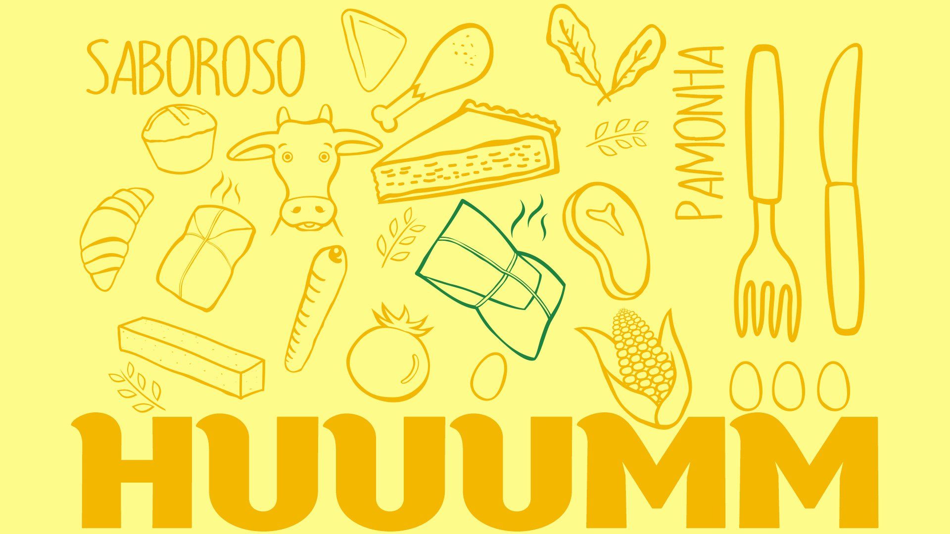 Fundo amarelo com rabiscos de comida e a palavra