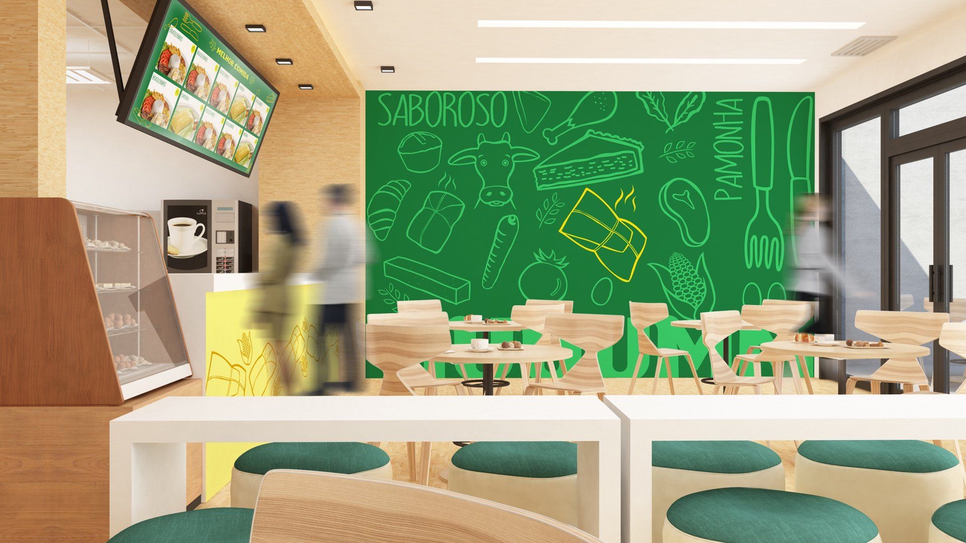 Interior do restaurante com assentos brancos e amarelos, uma parede verde com ilustrações de comida e uma tela exibindo itens do menu.