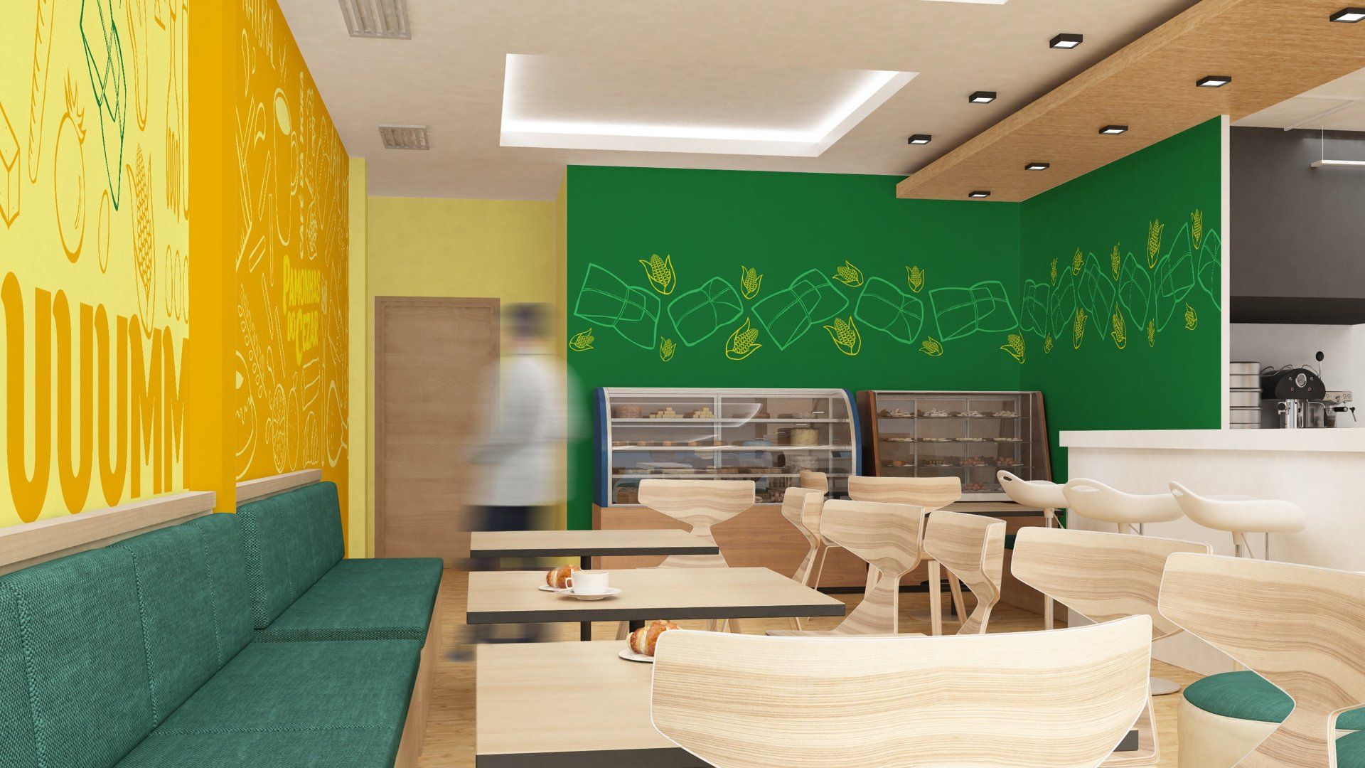 Representação do interior de um café com um sofá turquesa, mesas e cadeiras de madeira e paredes coloridas. Uma pessoa passa por uma porta.