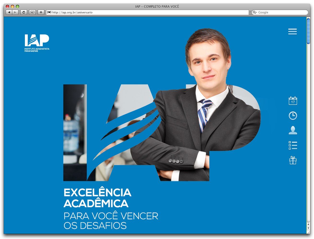Cabeçalho do site do IAP. Fundo azul com um homem de terno, o logotipo do IAP e o texto