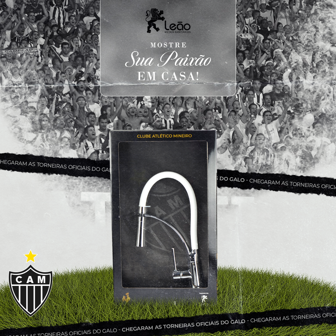 Uma torneira em uma caixa com o logotipo do clube Atlético Mineiro, com uma torcida ao fundo.