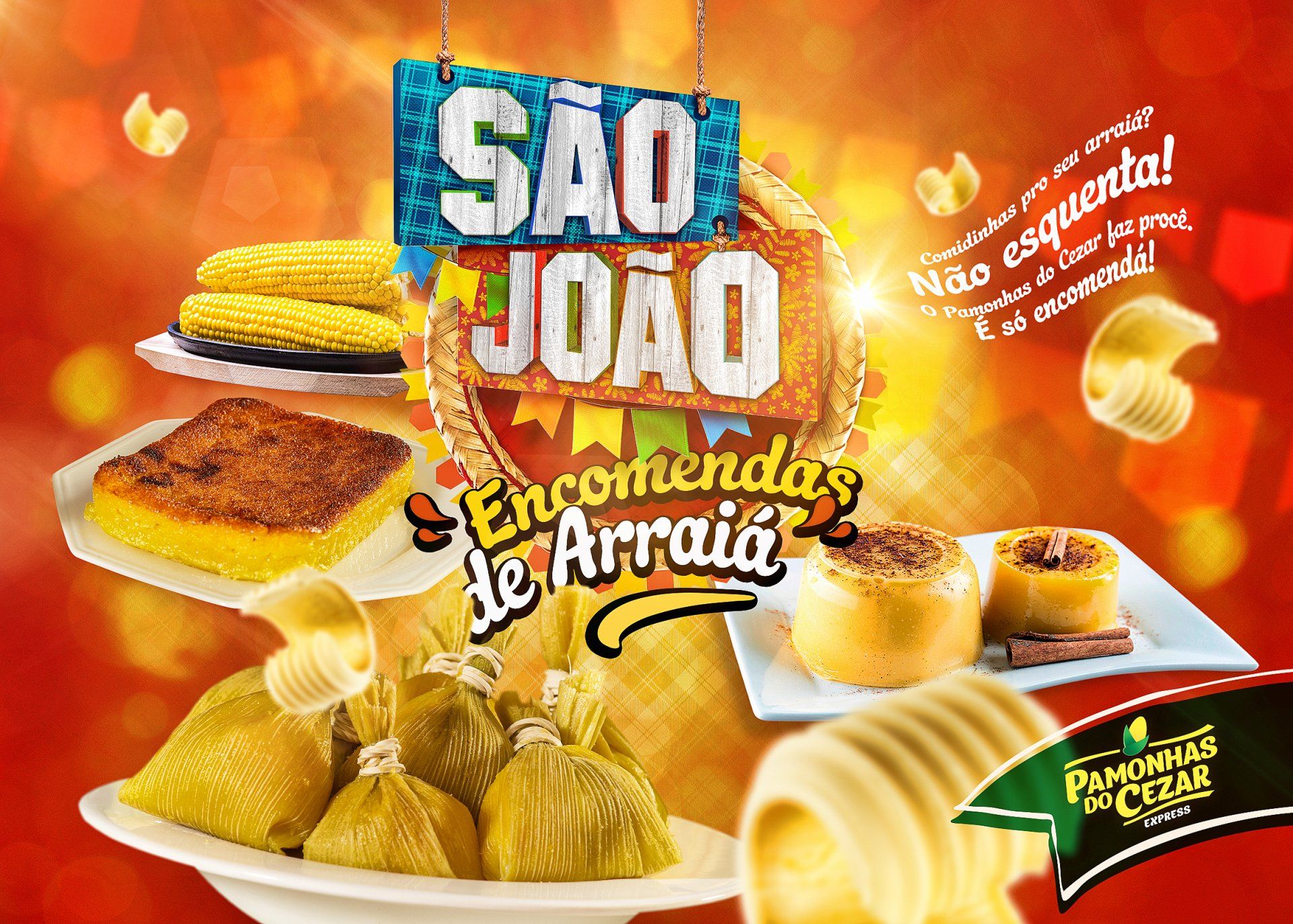 São João festival promotion. Features corn on the cob, cake, pamonha, and baked apples, with text