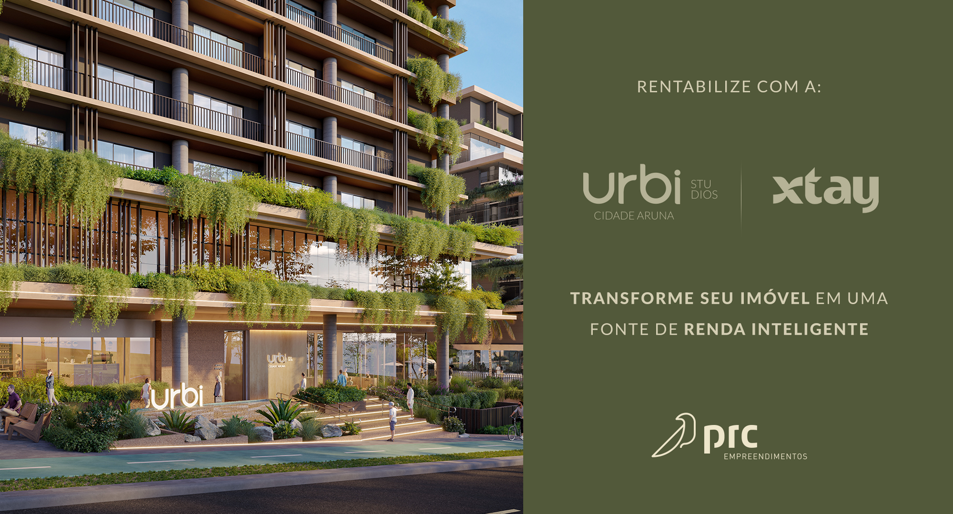 Building exterior with greenery, Urbis 66 and Xtay branding. Text reads: