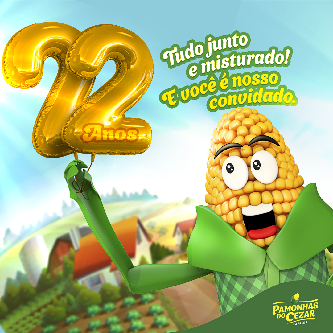 Um personagem de desenho animado de milho segurando um balão dourado