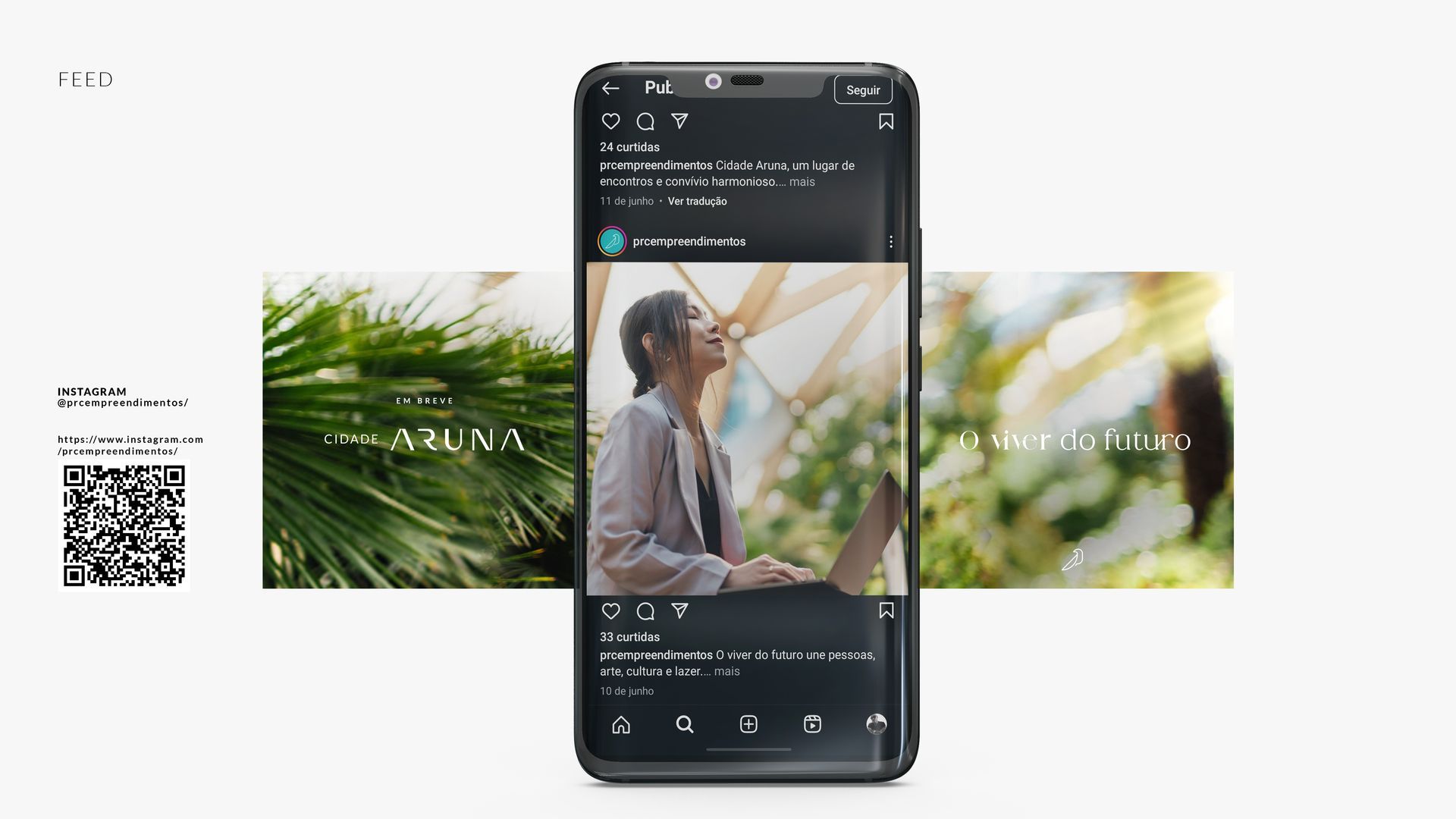 Smartphone exibindo um feed de mídia social, ladeado por imagens de vegetação exuberante e uma mulher usando um laptop.