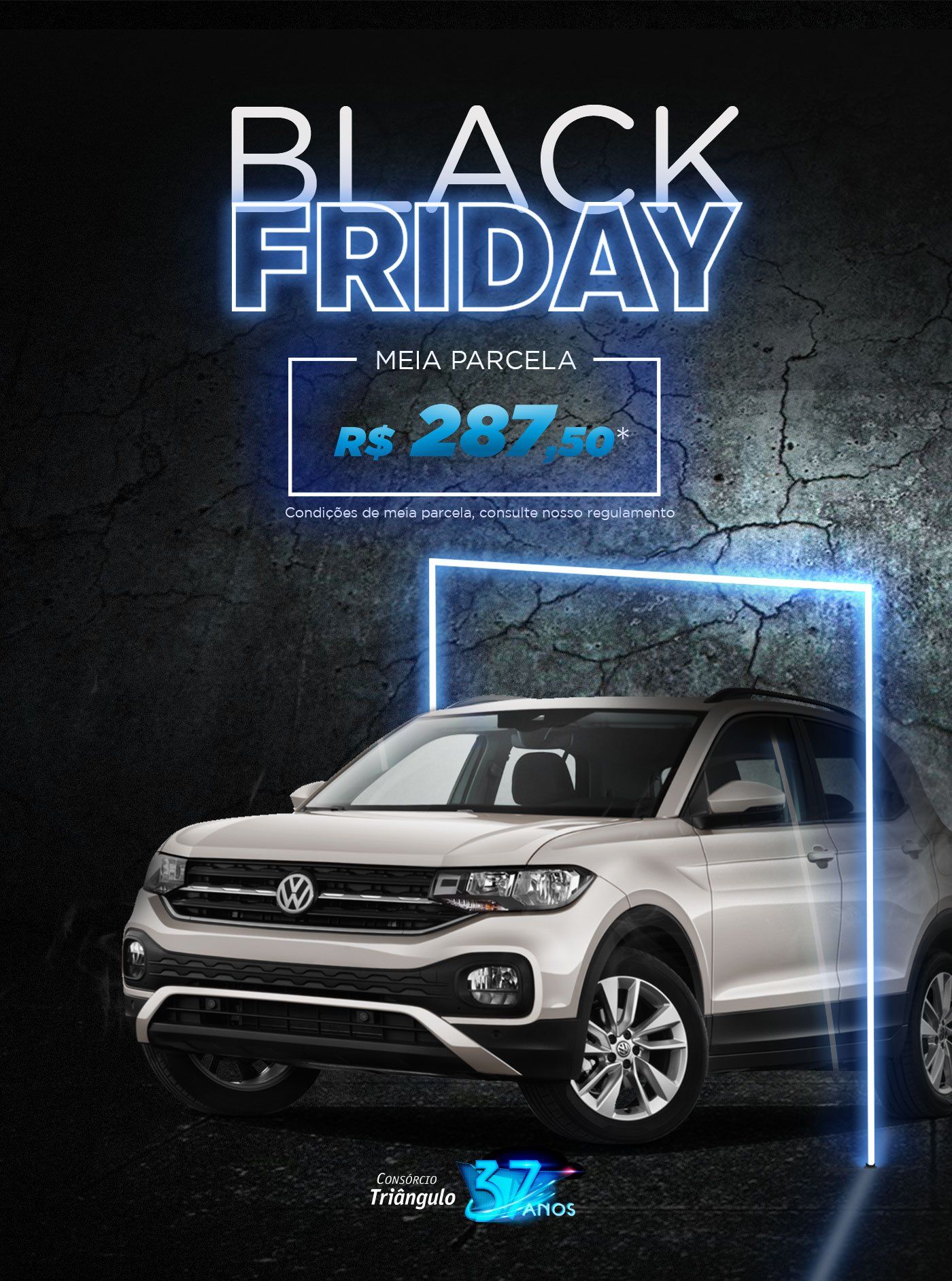 Anúncio de venda de carro na Black Friday. Um SUV branco emoldurado por uma luz neon azul com o texto