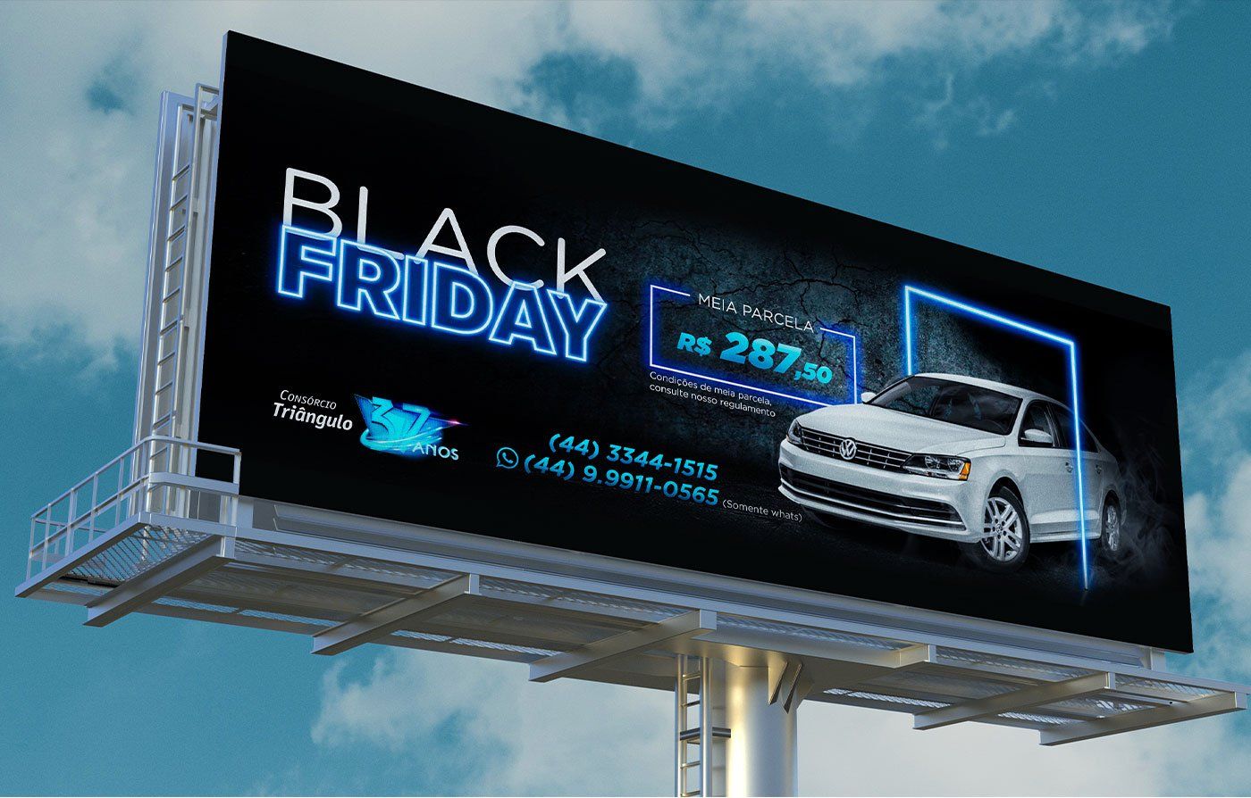 Outdoor anunciando uma promoção de Black Friday em um carro branco com design azul neon, preço de US$ 287,00, contra um céu nublado.