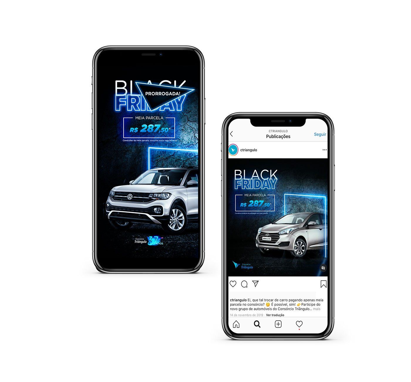 Dois telefones exibindo o anúncio da Black Friday da Volkswagen: um SUV prateado contra um fundo escuro e estrelado com detalhes em neon azul.