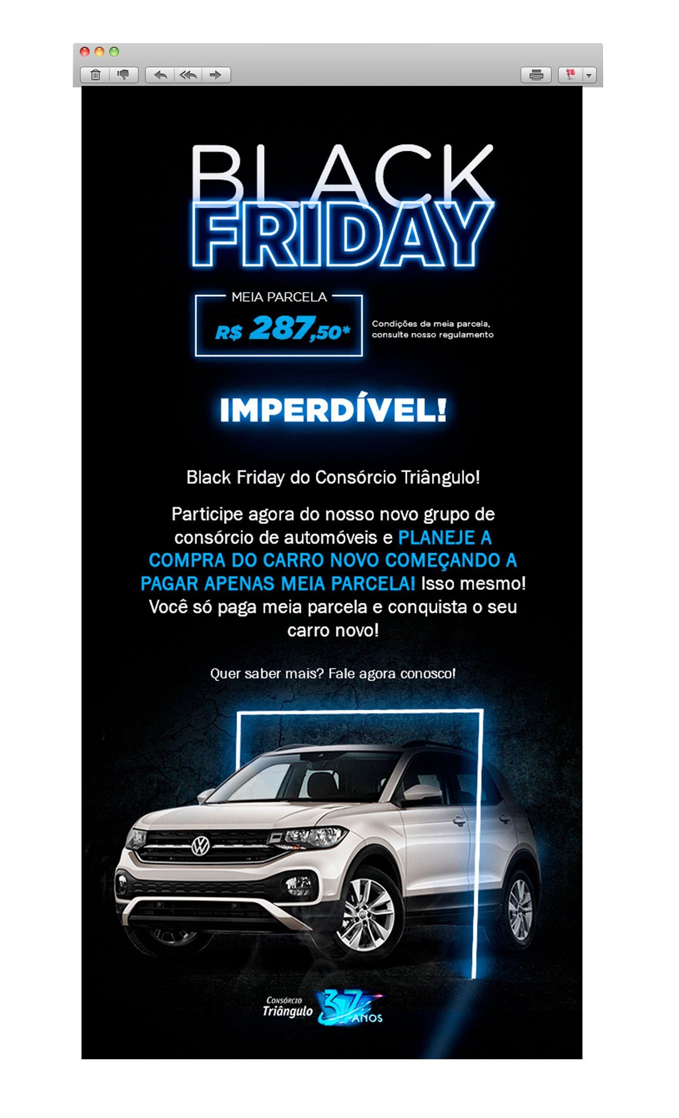 Anúncio de Black Friday para um carro branco. Texto em azul sobre fundo preto: