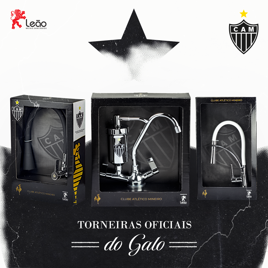 Conjuntos oficiais de torneiras do Atlético Mineiro em suas embalagens, com o logotipo do time e um desenho de estrela.
