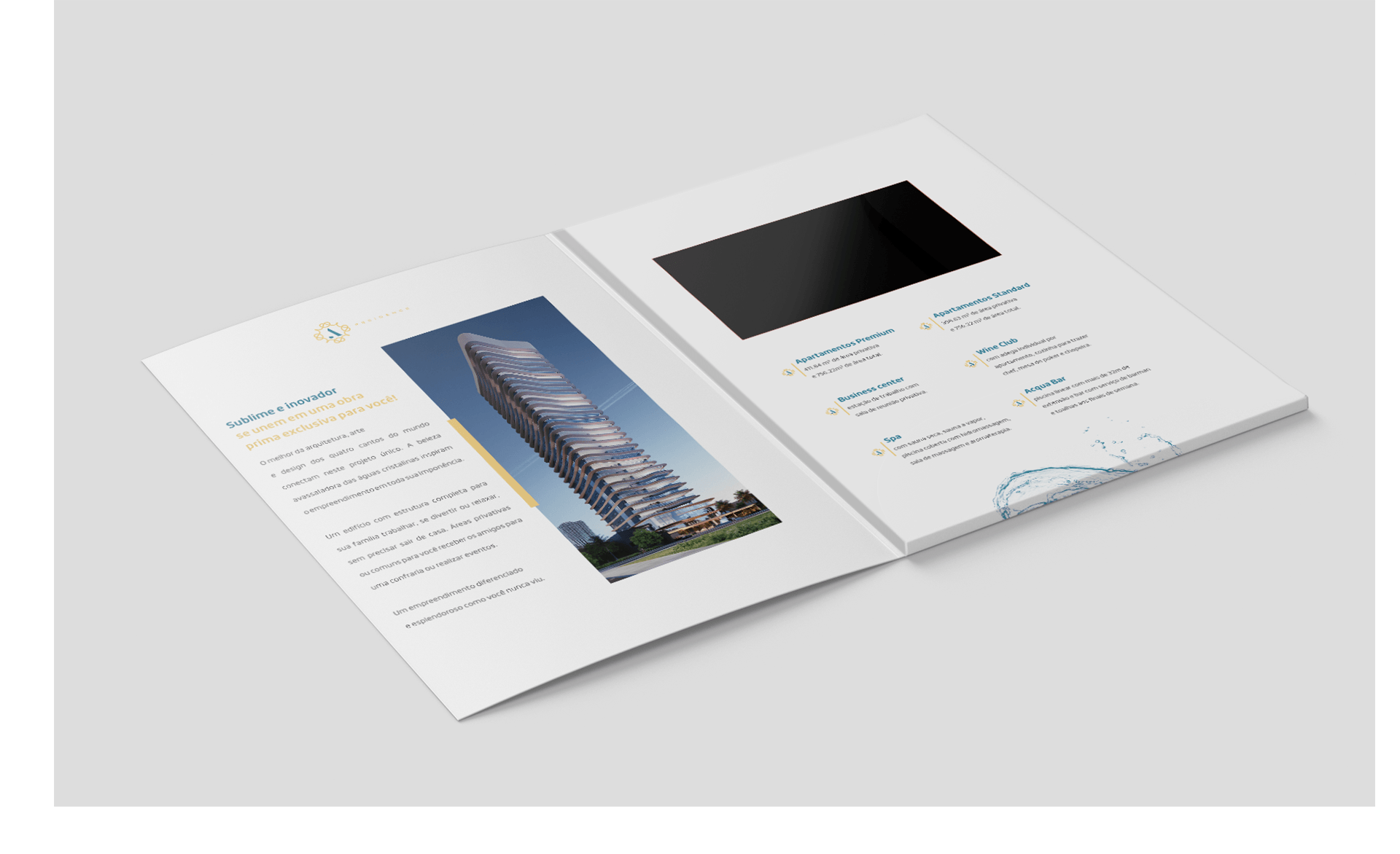 Brochura de um arranha-céu moderno. Apresenta uma representação gráfica do edifício, marca e texto sobre fundo branco.
