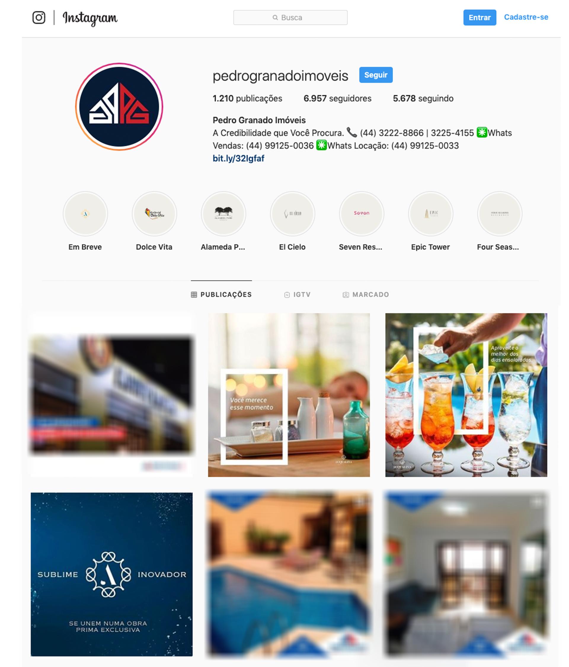 Perfil do Instagram: logotipo, postagens de coquetéis, design de interiores.