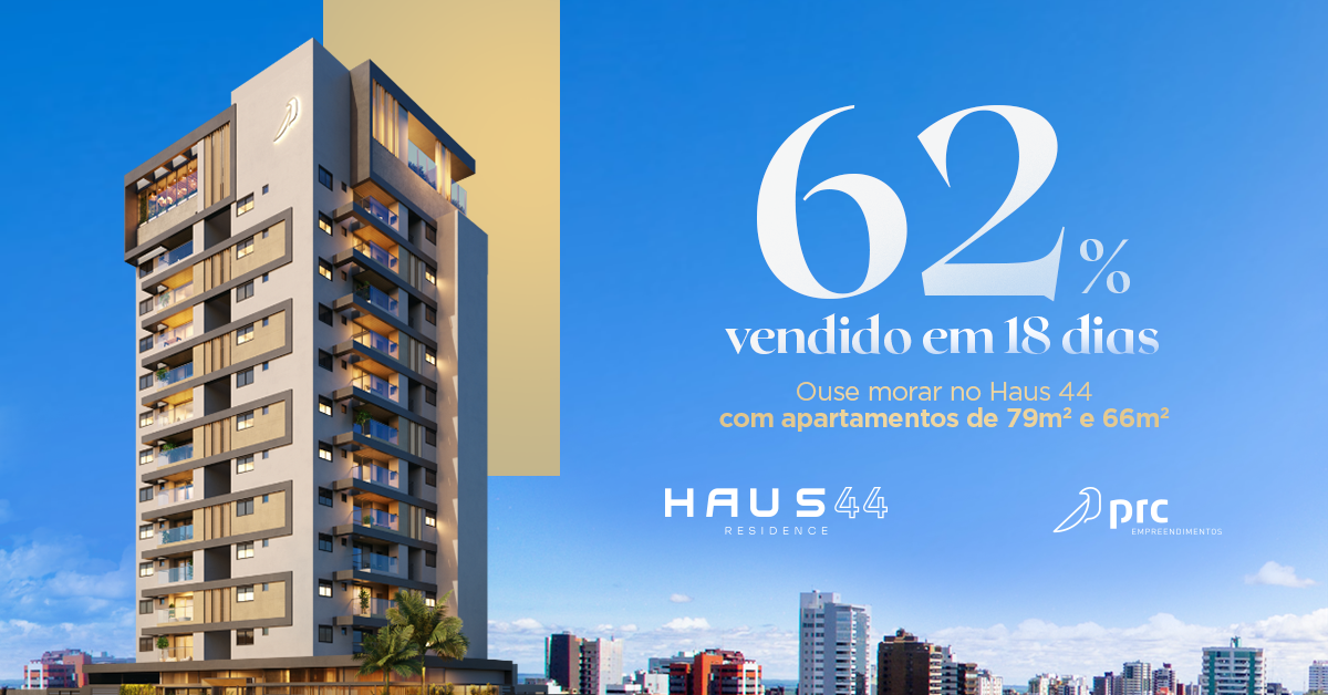 Um prédio de apartamentos moderno com fundo azul-celeste. O texto indica 62% das unidades vendidas em 18 dias, com apartamentos de 76 m² e 66 m².