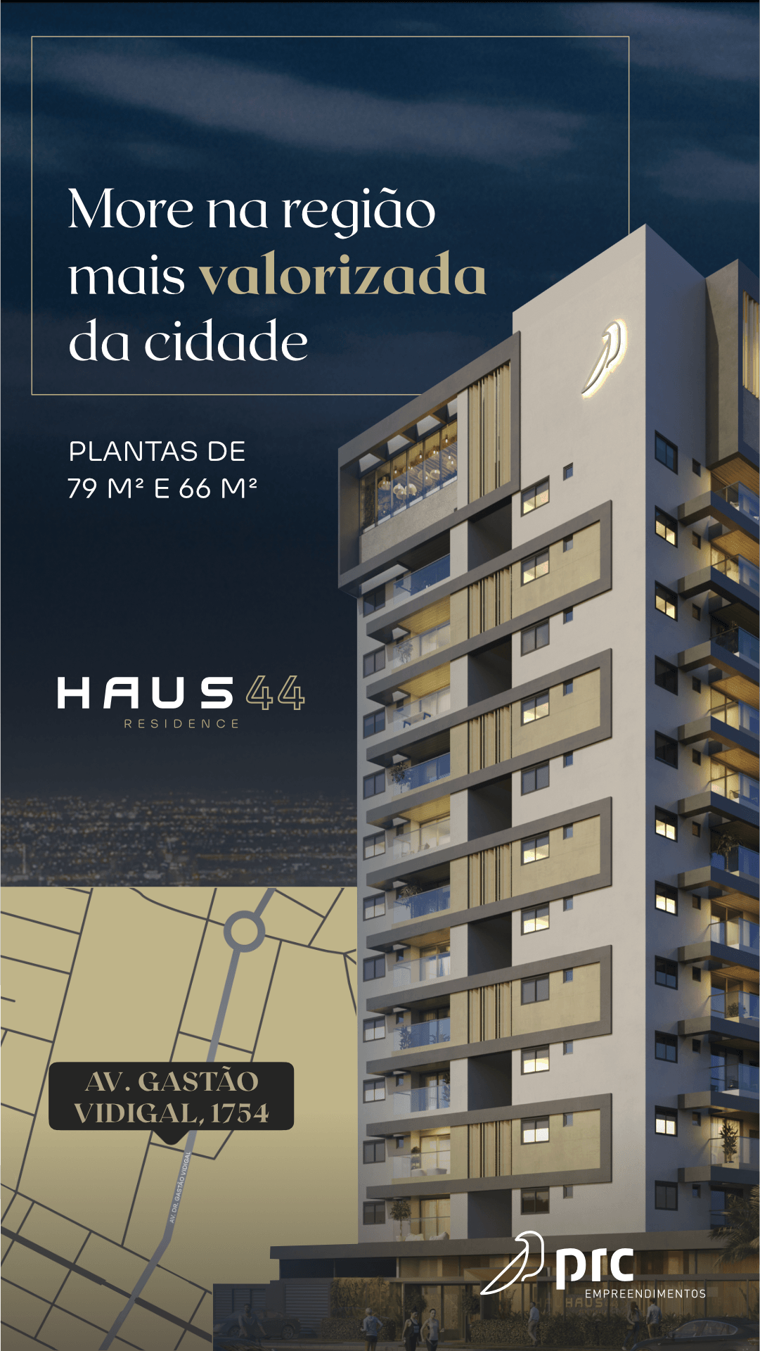 Um anúncio do imóvel Haus 34, apresentando um edifício alto e moderno, um mapa e texto.