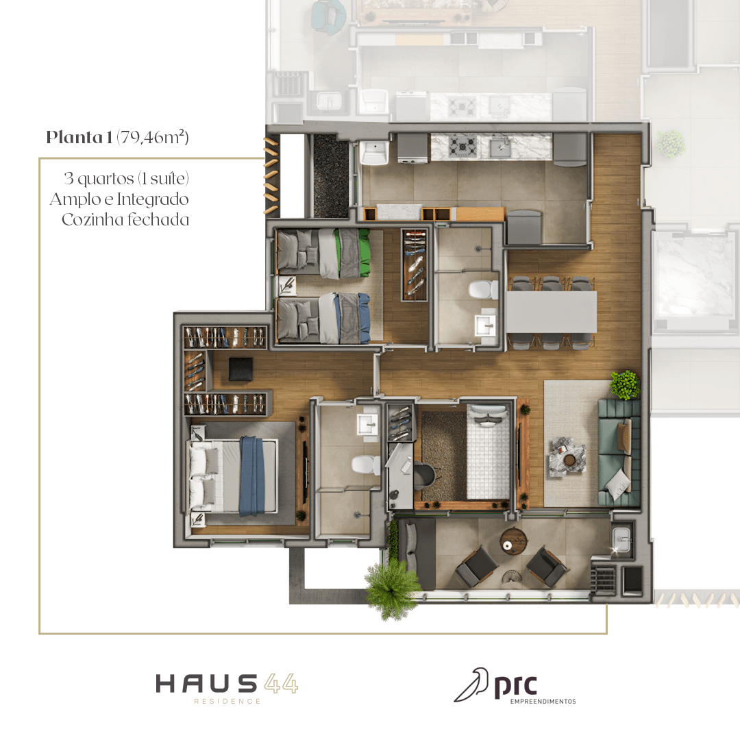 Planta baixa de um apartamento com dois quartos, uma cozinha, uma sala de estar e uma área de jantar, com design de interiores moderno.