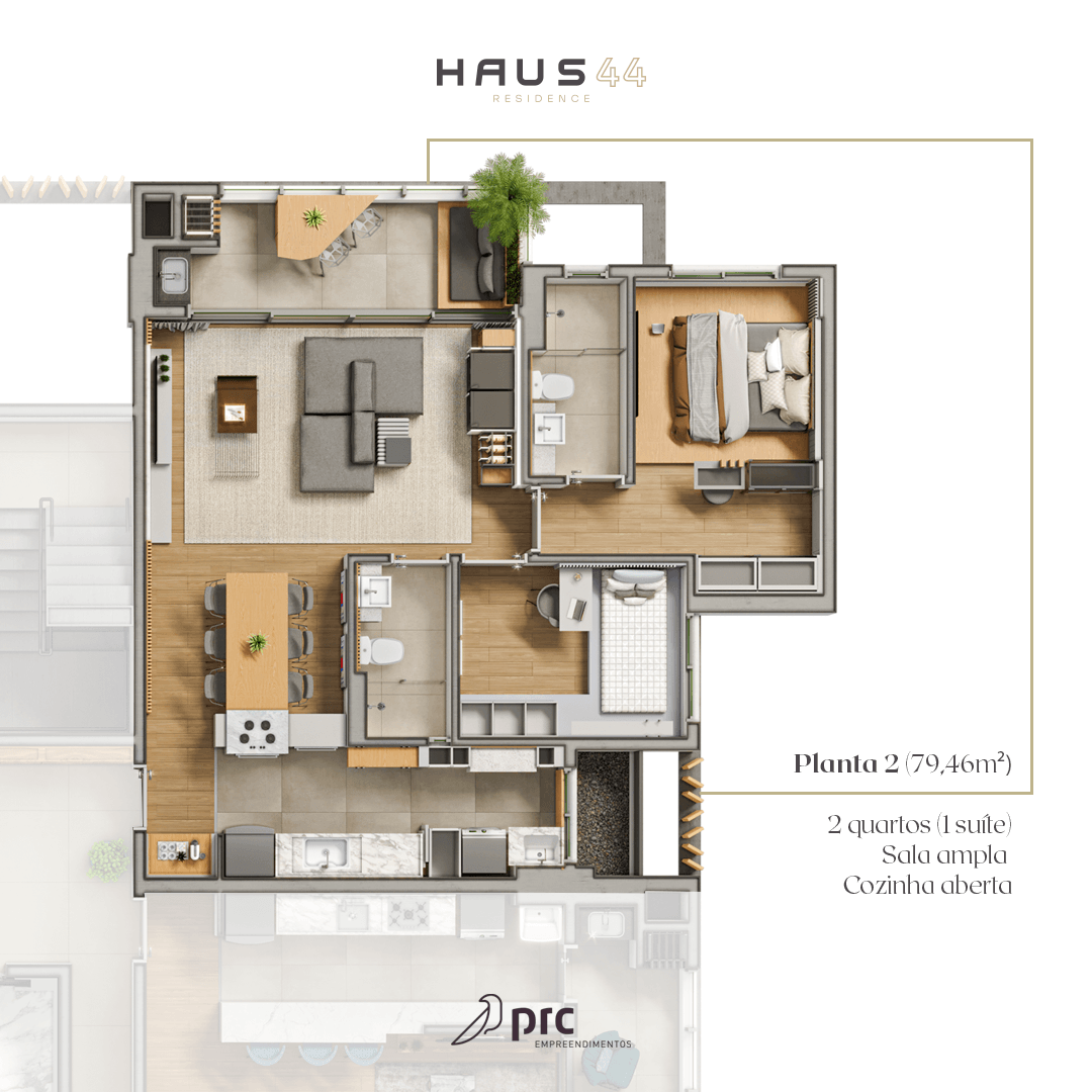 Planta de um apartamento com sala de estar, cozinha, dois quartos e banheiros. Mobiliado em estilo moderno.