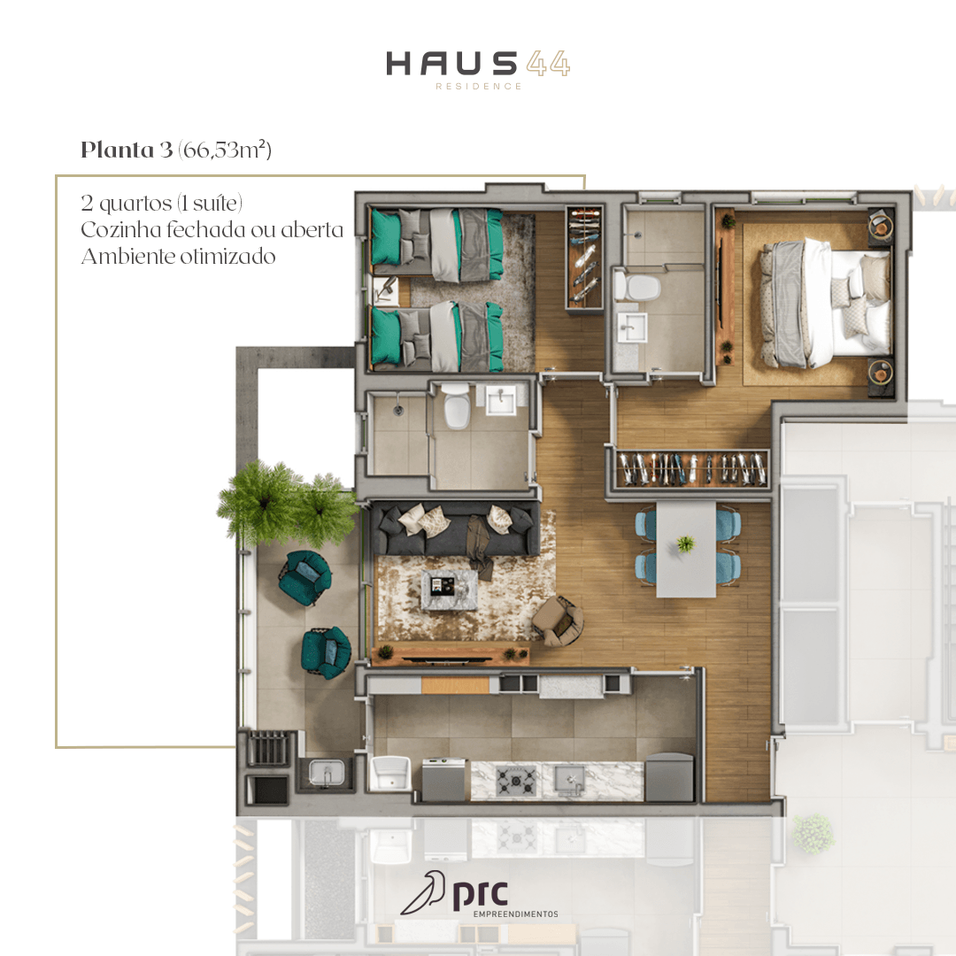 Planta de um apartamento com dois quartos, cozinha, sala de jantar, sala de estar e varanda, em estilo moderno.