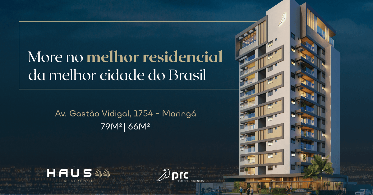 Anúncio de prédio de apartamentos moderno no Brasil. Texto: