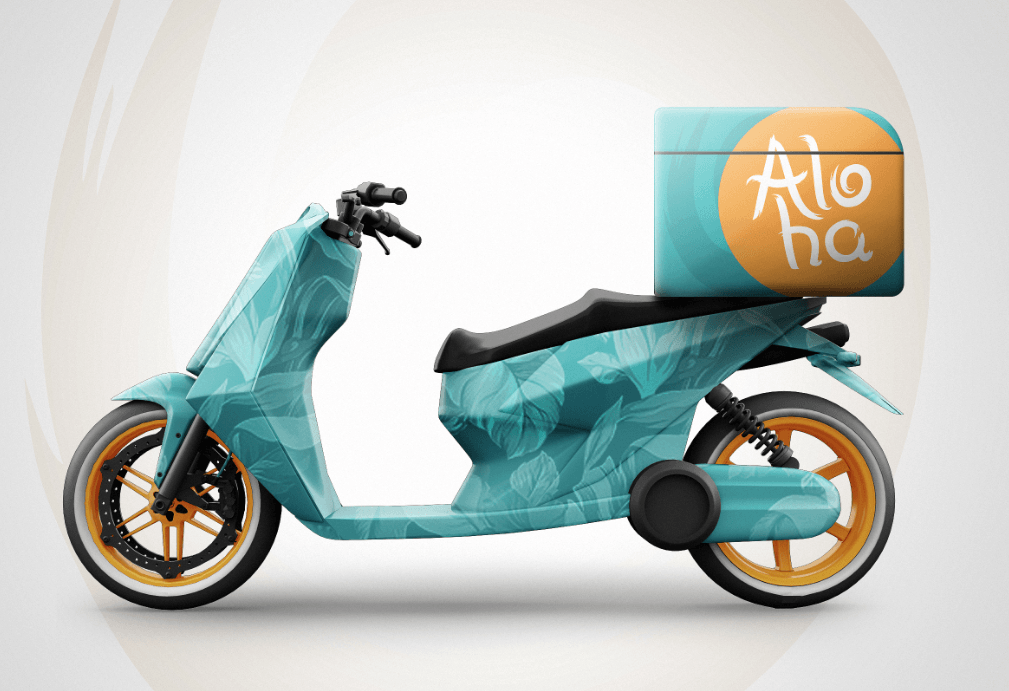 Scooter geométrica azul-petróleo com rodas laranja e caixa de entrega
