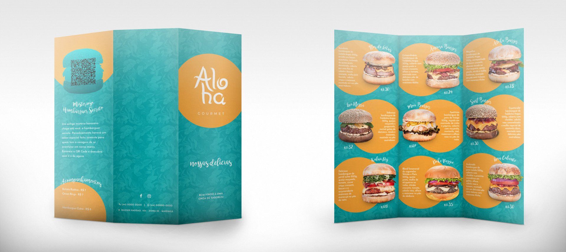 Um cardápio triplo com hambúrgueres. O cardápio tem um esquema de cores turquesa e laranja, com fotos de diferentes hambúrgueres nos painéis internos.