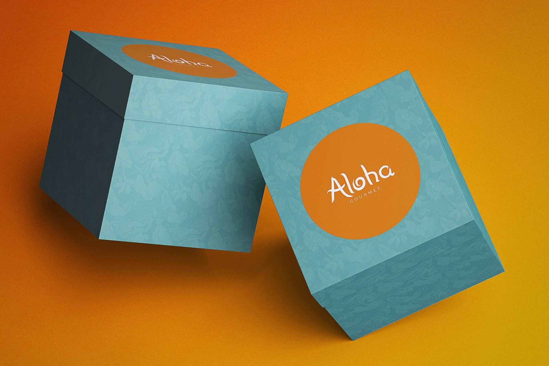 Duas caixas turquesa com rótulos circulares laranja com os dizeres