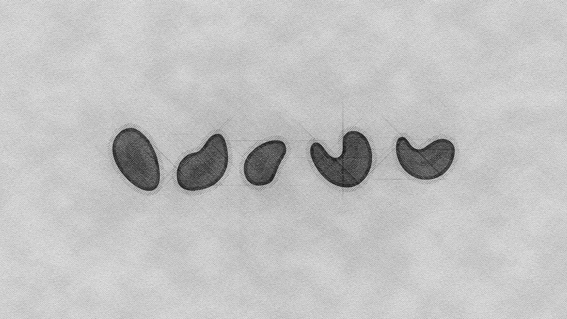 Cinco manchas escuras em formato de rim dispostas horizontalmente sobre um fundo cinza texturizado.