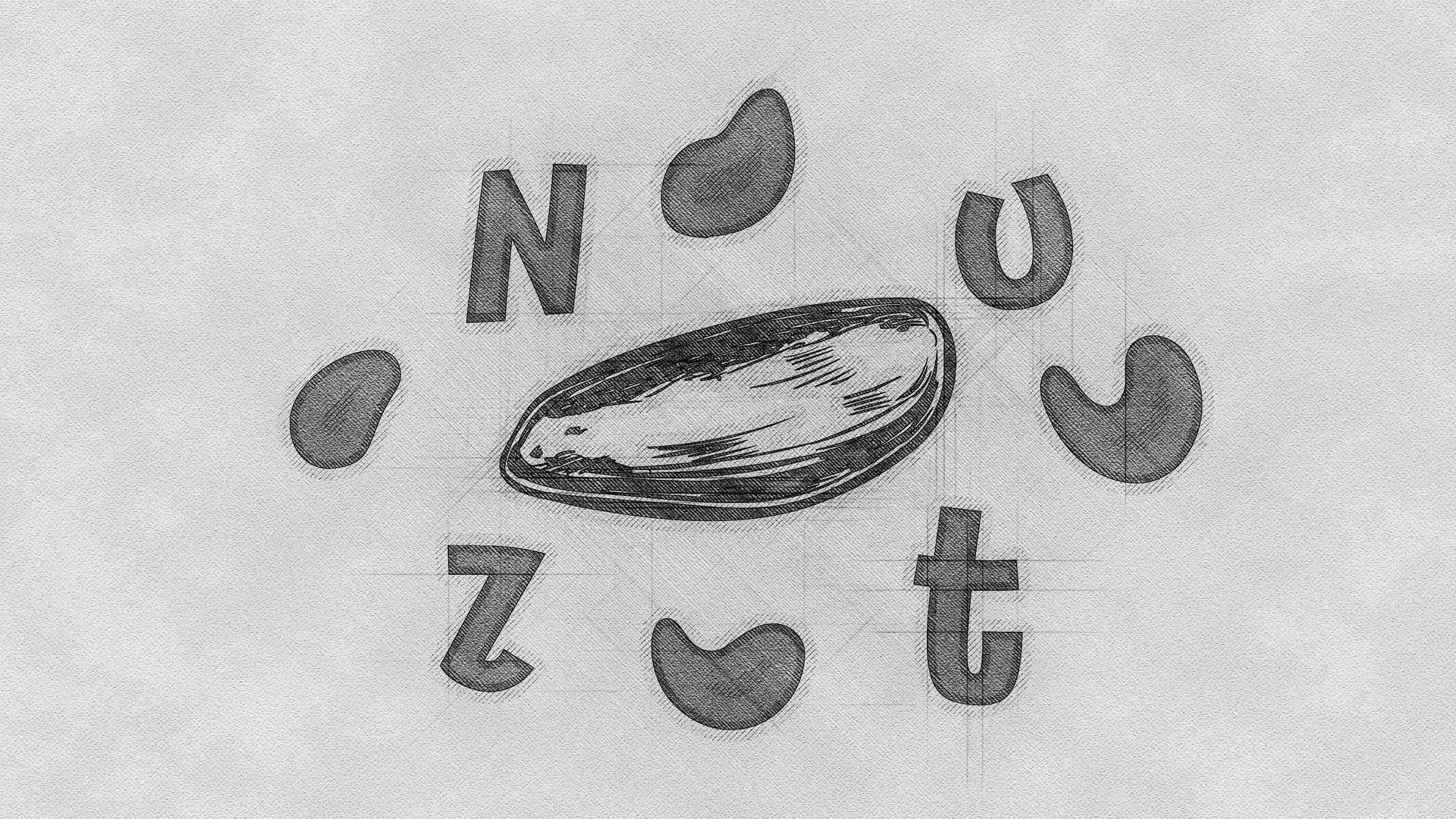 Um desenho de um feijão com as letras N, U, T e Z ao redor.