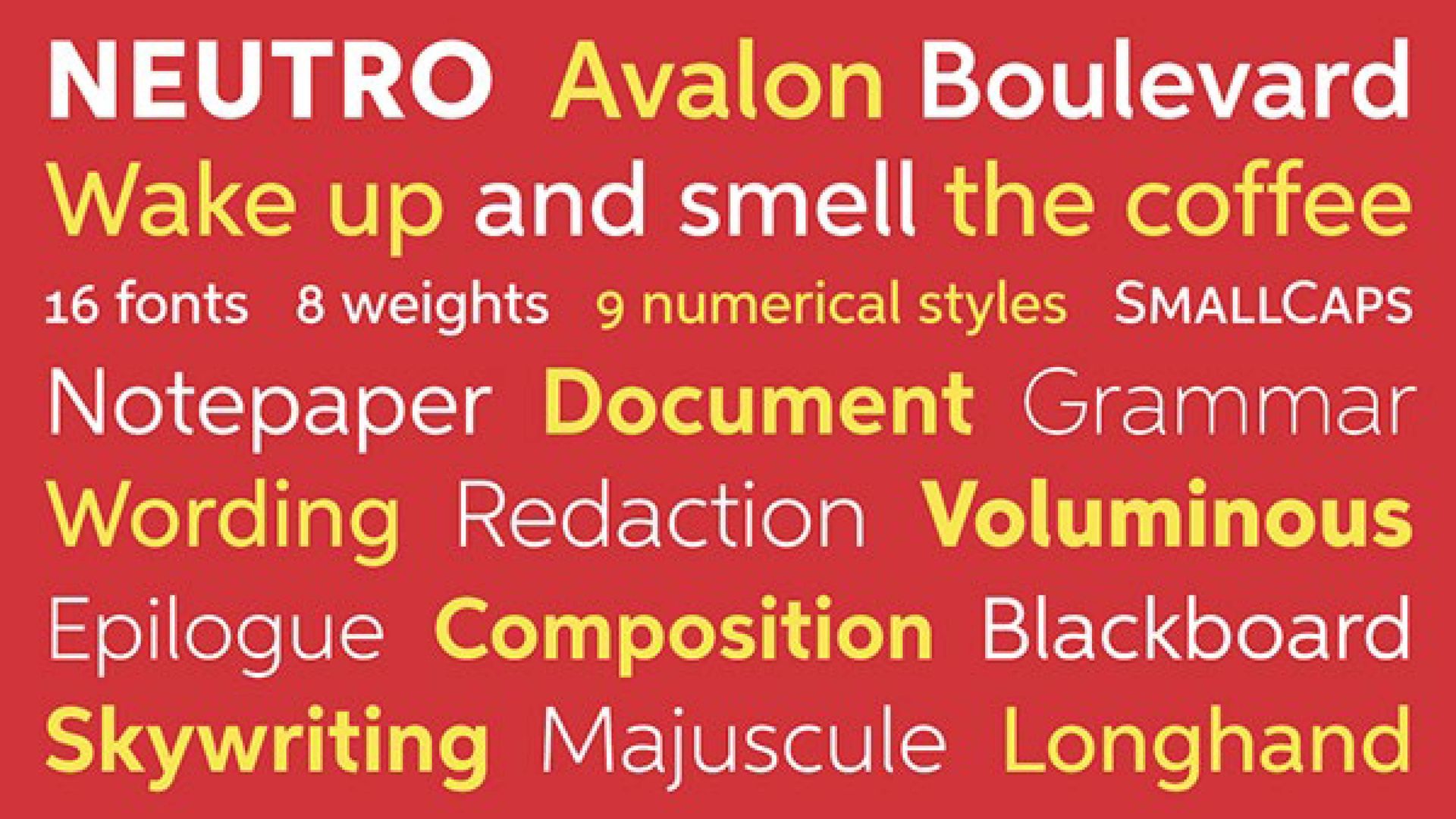 Amostras de texto em várias fontes e espessuras em um fundo vermelho, exibindo características da fonte