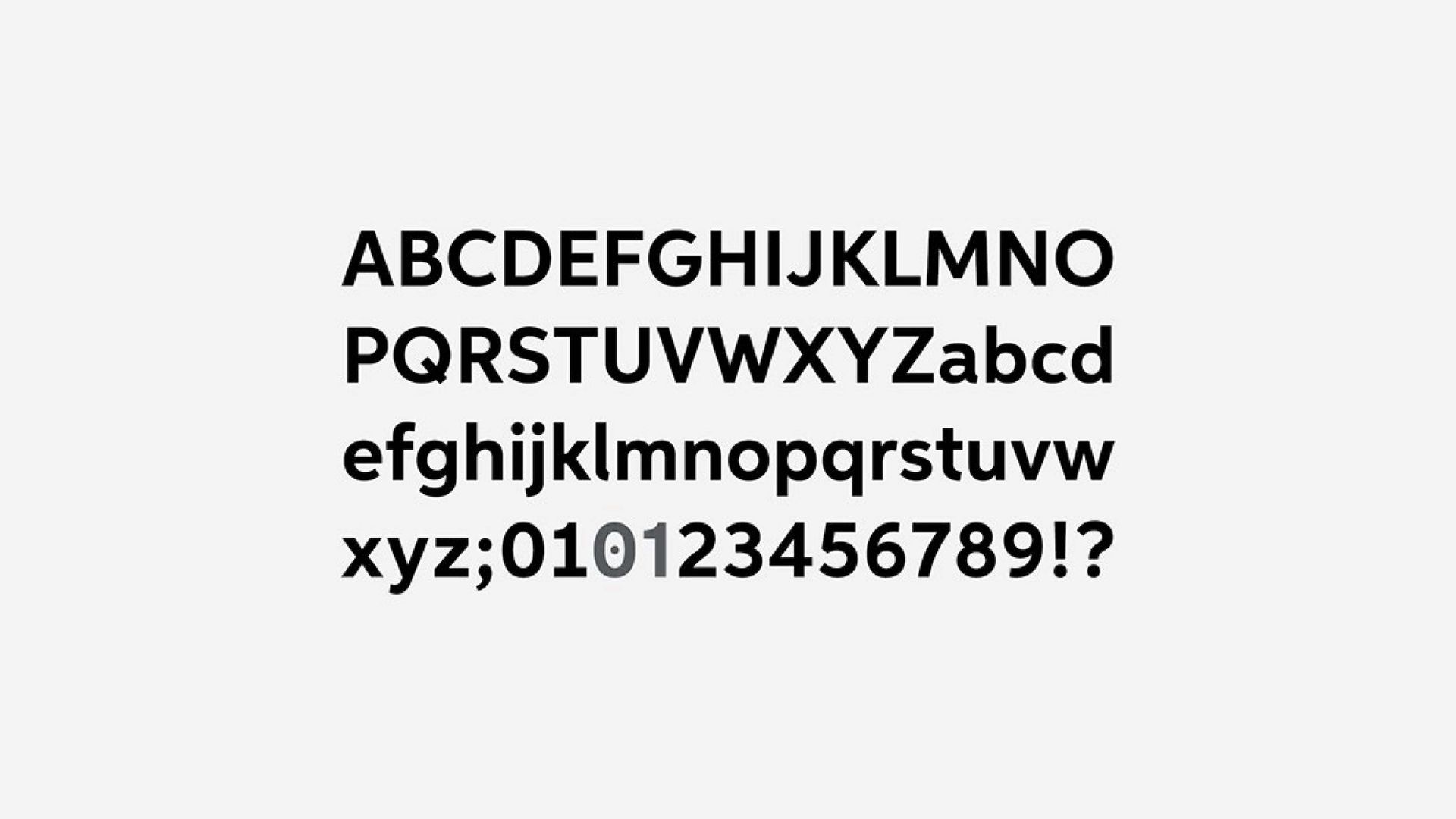 Exemplo de fonte mostrando letras maiúsculas e minúsculas, números e pontuação em uma fonte sem serifa.