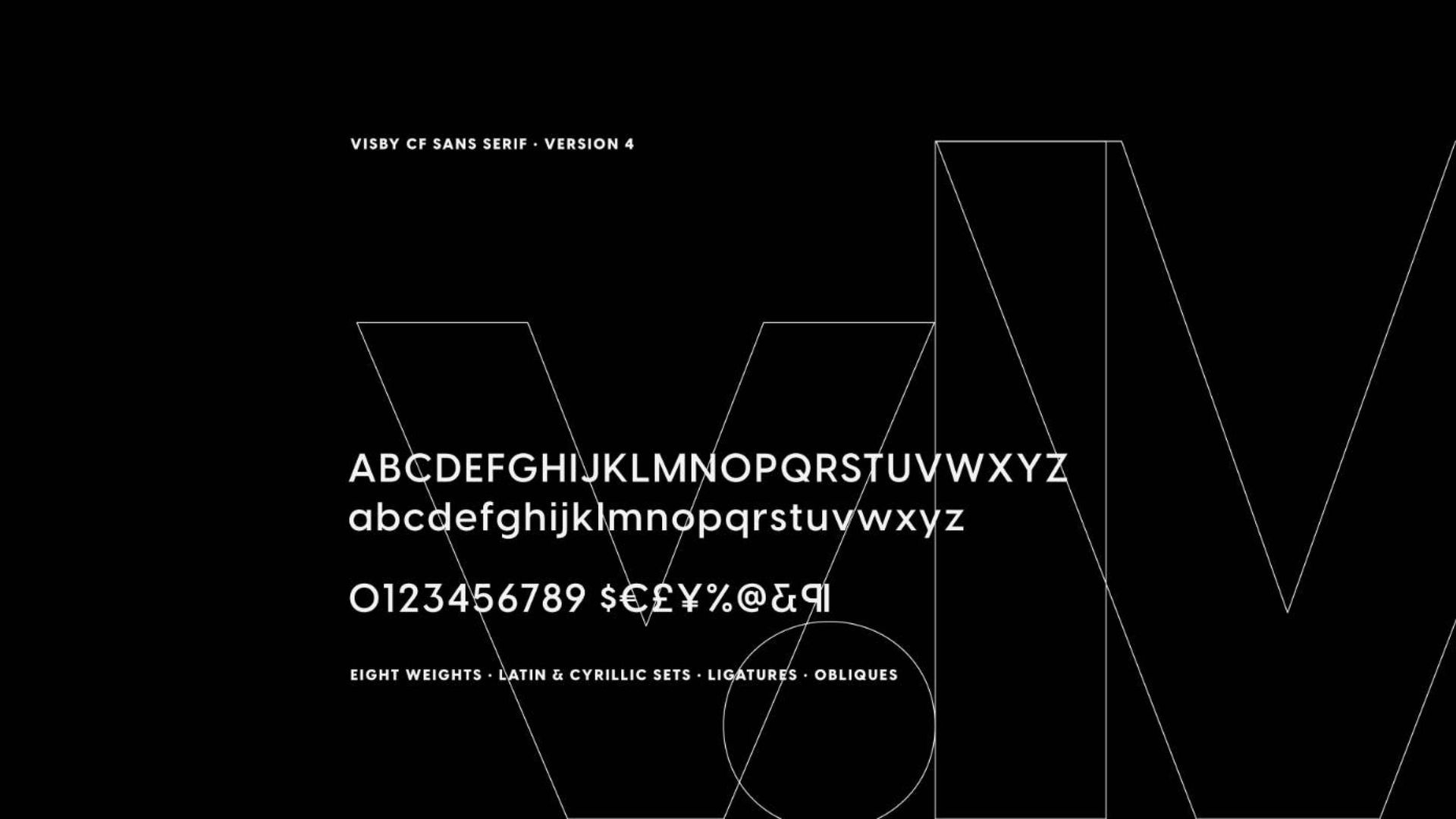 Um exemplo de tipografia em fundo preto. Exibe letras maiúsculas e minúsculas, números e símbolos em uma fonte fina, sem serifa, branca.