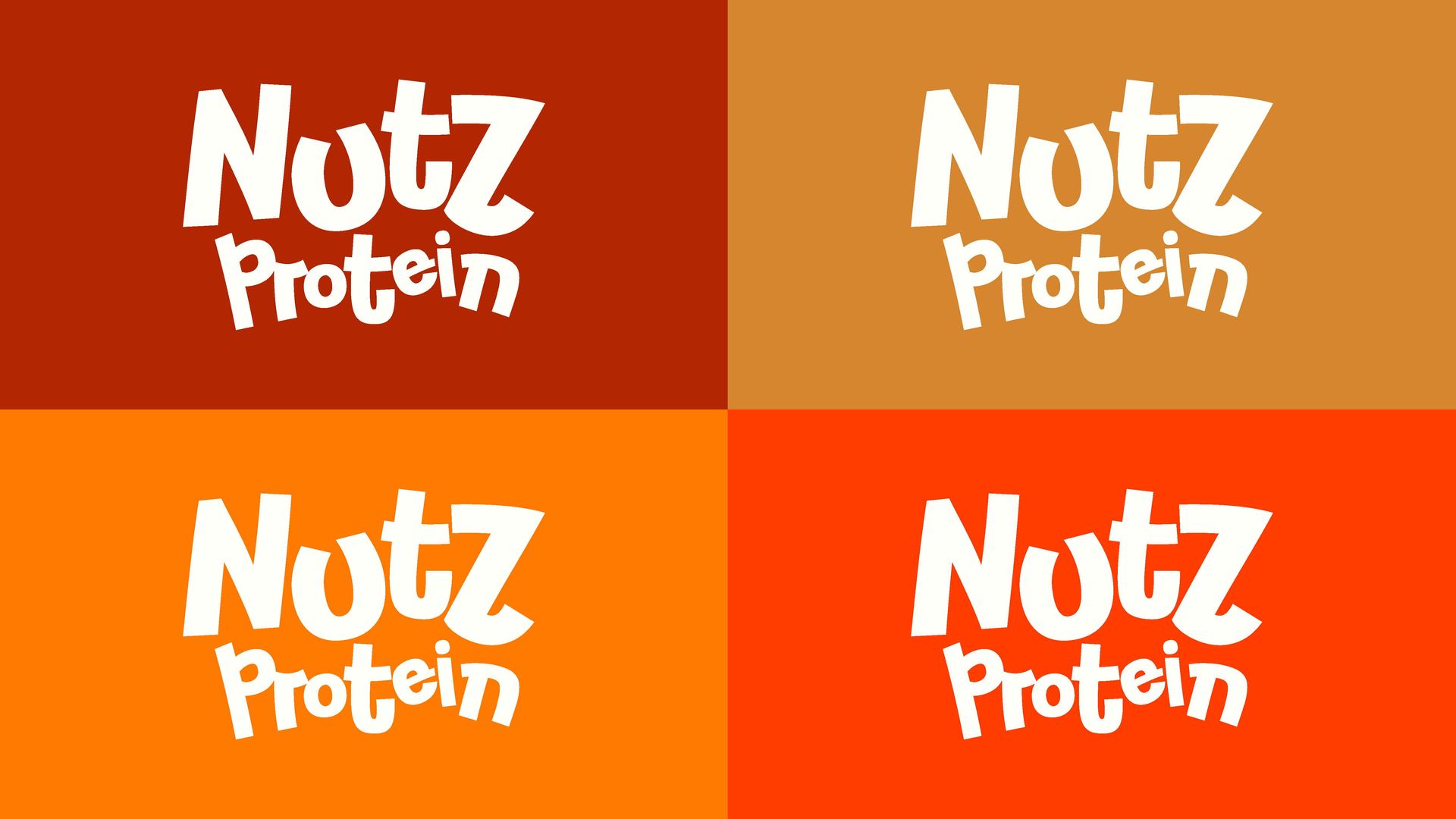 Quatro logotipos de barras de proteína Nutz com texto branco em fundos de cores diferentes: vermelho escuro, bege, laranja e laranja-avermelhado.