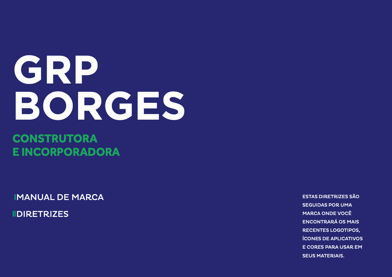 Capa de um manual de marca da GRP Borges, uma empresa de construção e desenvolvimento, com texto branco sobre fundo azul escuro.
