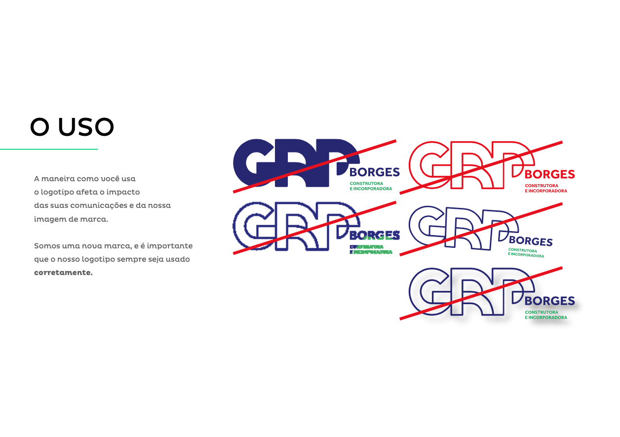 Proibição de uso do logotipo: O logotipo do GRP BORGES riscado em várias combinações de cores, ilustrando usos incorretos.