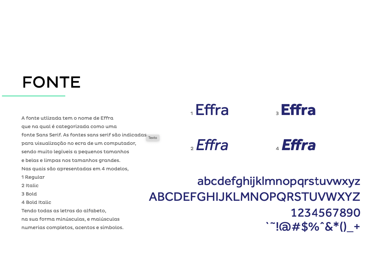 Um slide mostrando a fonte Effra, incluindo exemplos de seu uso, o alfabeto completo, números e caracteres especiais em azul.