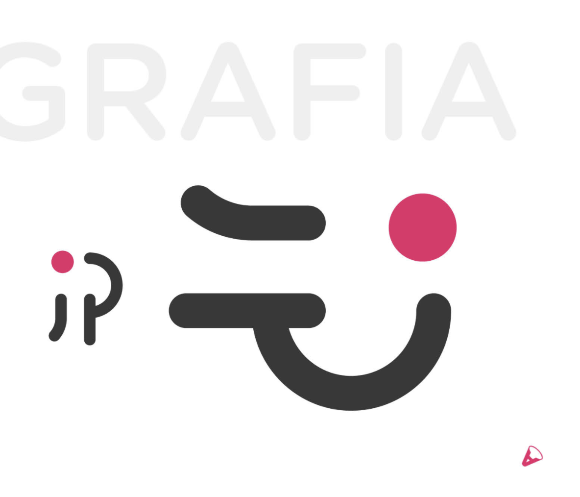 Logotipo da GRAFIA com um emoji piscando feito de linhas pretas e um ponto rosa. Um pequeno ponto rosa e um