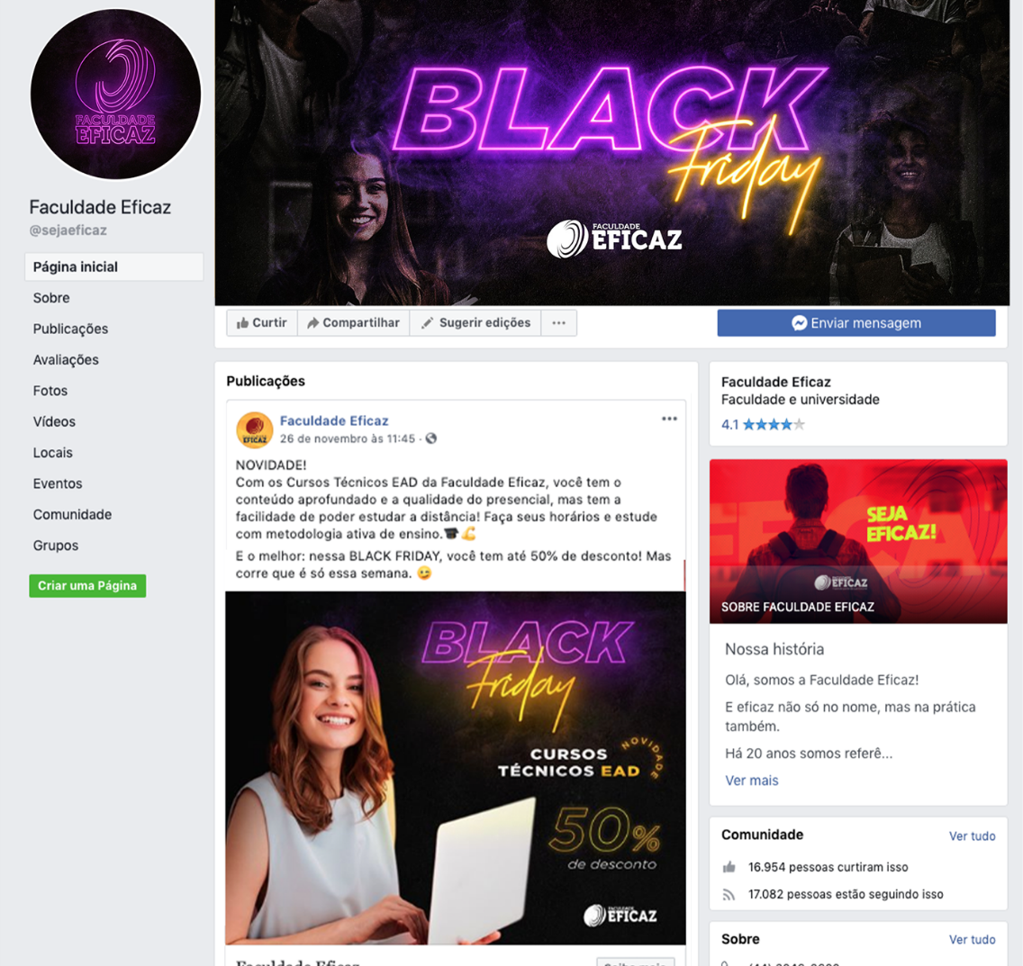 Página do Facebook promovendo cursos de